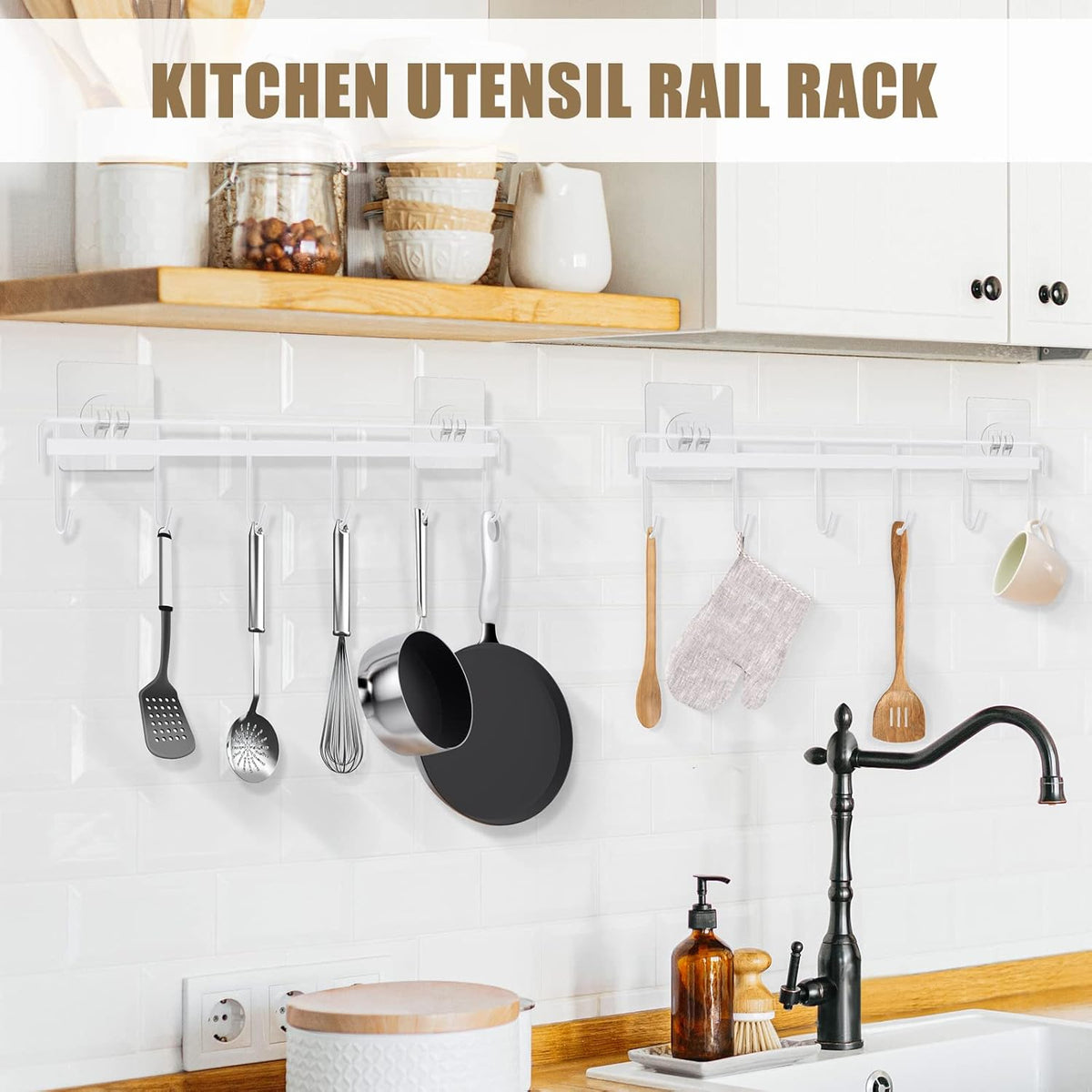 Kitchen Utensil Hanger, Adhesive Utensil Holder, White, 2 Pcs