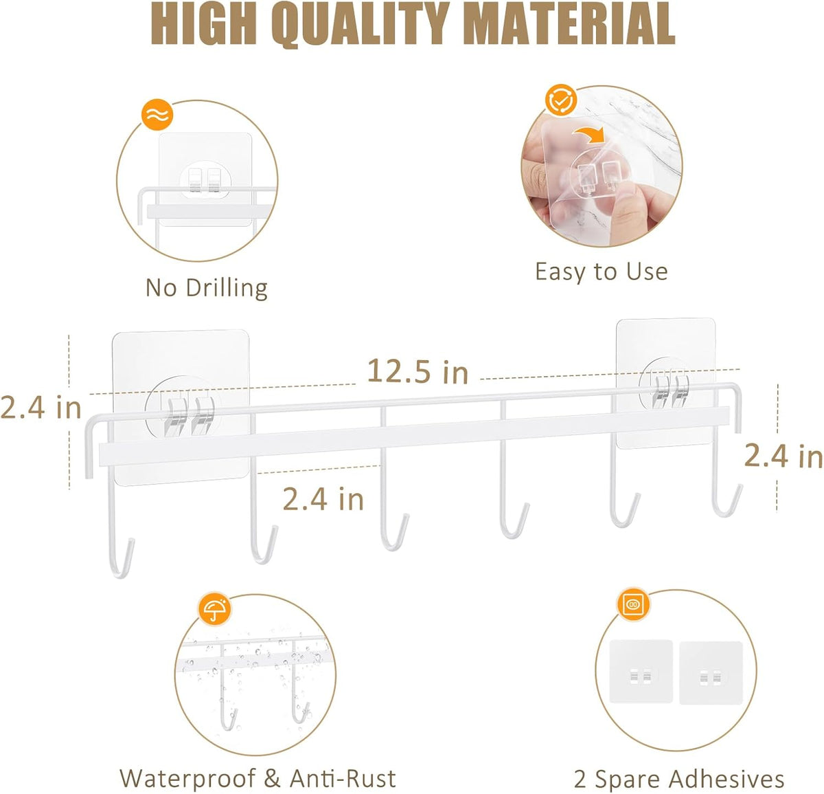 Kitchen Utensil Hanger, Adhesive Utensil Holder, White, 2 Pcs