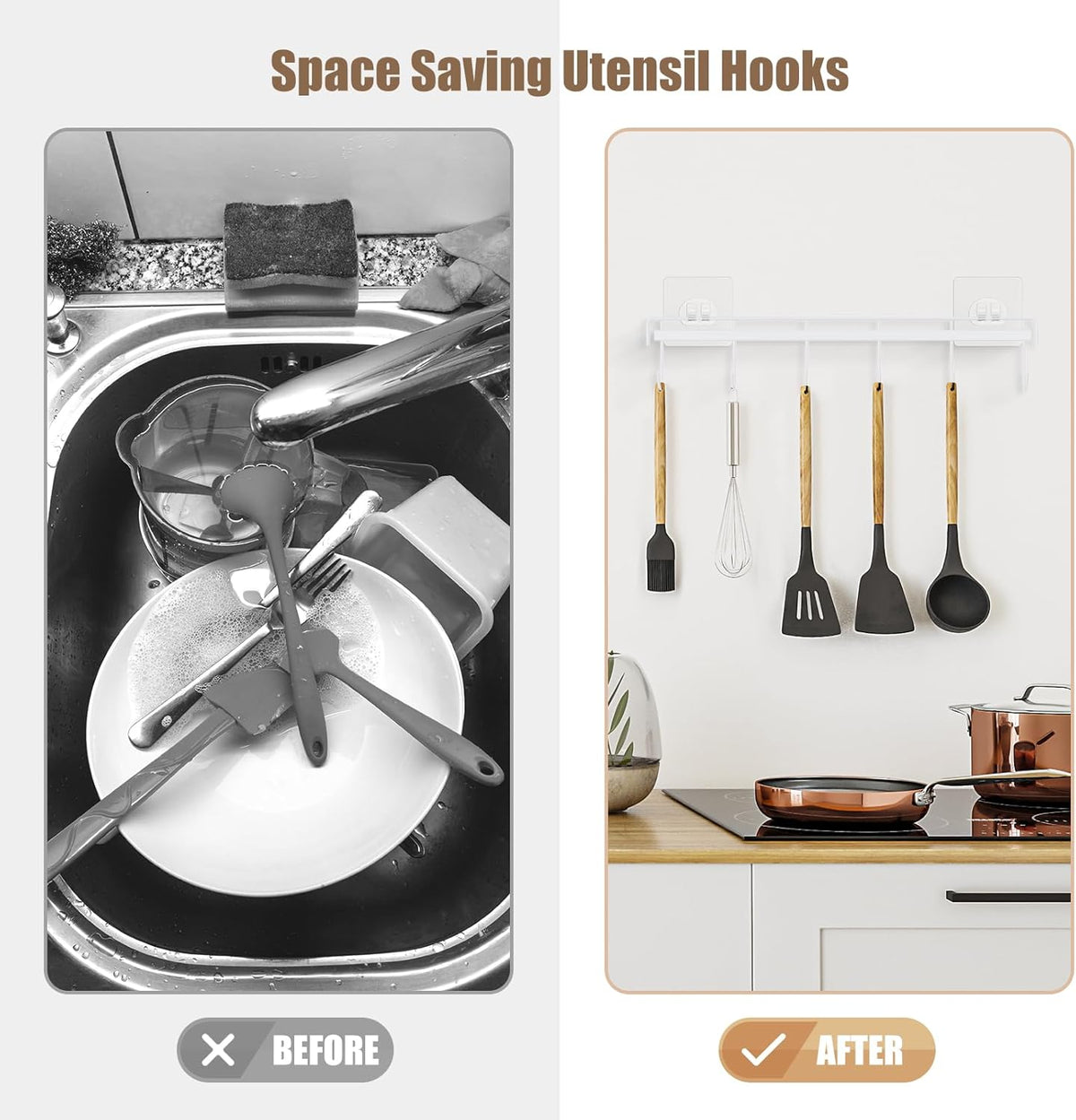 Kitchen Utensil Hanger, Adhesive Utensil Holder, White, 2 Pcs