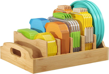 Bamboo Lid Organizers for Inside Cabinet, Food Storage Container Lid Holder with 5 adjustable Inserts & 6 Sections, Kitchen Pantry organizer and storage, Large, 13.2" x 10"/34 x 25cm