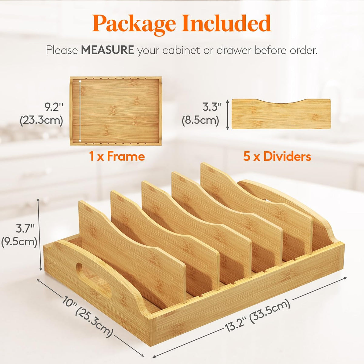 Bamboo Lid Organizers for Inside Cabinet, Food Storage Container Lid Holder with 5 adjustable Inserts & 6 Sections, Kitchen Pantry organizer and storage, Large, 13.2" x 10"/34 x 25cm
