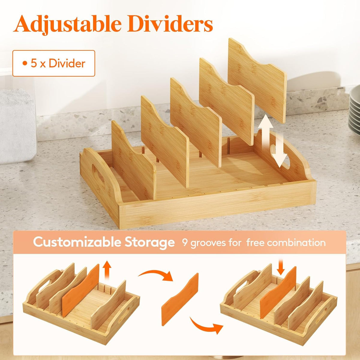 Bamboo Lid Organizers for Inside Cabinet, Food Storage Container Lid Holder with 5 adjustable Inserts & 6 Sections, Kitchen Pantry organizer and storage, Large, 13.2" x 10"/34 x 25cm