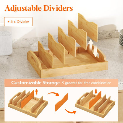Bamboo Lid Organizers for Inside Cabinet, Food Storage Container Lid Holder with 5 adjustable Inserts & 6 Sections, Kitchen Pantry organizer and storage, Large, 13.2" x 10"/34 x 25cm