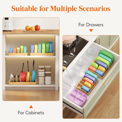 Bamboo Lid Organizers for Inside Cabinet, Food Storage Container Lid Holder with 5 adjustable Inserts & 6 Sections, Kitchen Pantry organizer and storage, Large, 13.2" x 10"/34 x 25cm
