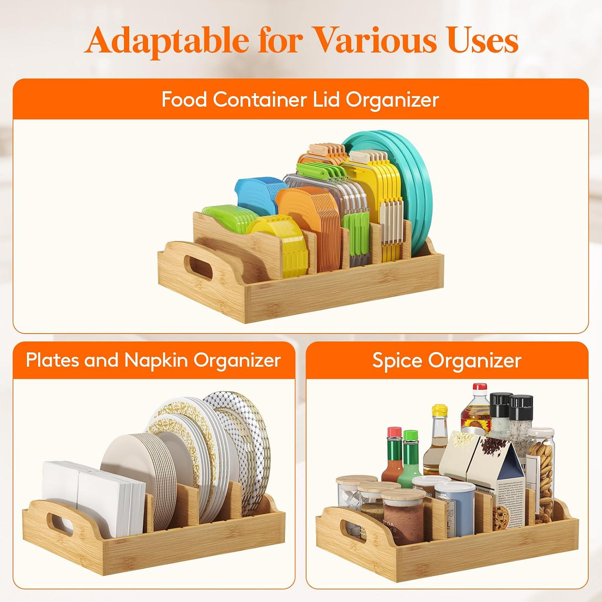 Bamboo Lid Organizers for Inside Cabinet, Food Storage Container Lid Holder with 5 adjustable Inserts & 6 Sections, Kitchen Pantry organizer and storage, Large, 13.2" x 10"/34 x 25cm