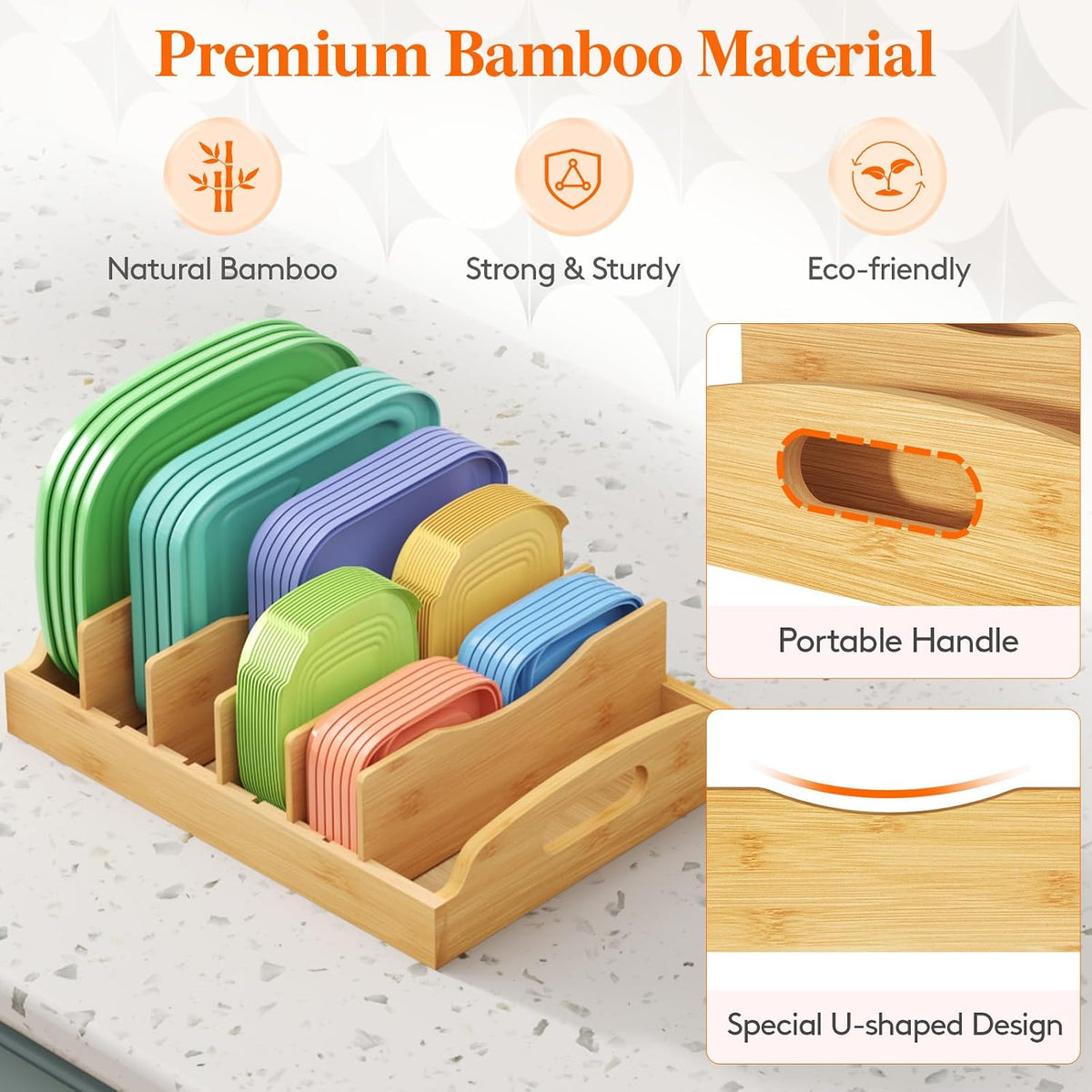 Bamboo Lid Organizers for Inside Cabinet, Food Storage Container Lid Holder with 5 adjustable Inserts & 6 Sections, Kitchen Pantry organizer and storage, Large, 13.2" x 10"/34 x 25cm