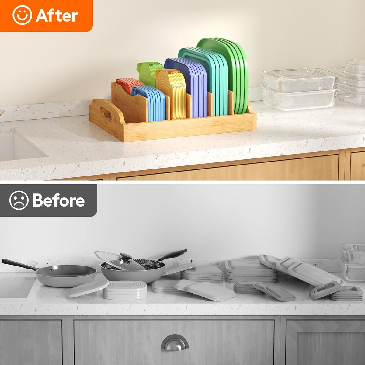 Bamboo Lid Organizers for Inside Cabinet, Food Storage Container Lid Holder with 5 adjustable Inserts & 6 Sections, Kitchen Pantry organizer and storage, Large, 13.2" x 10"/34 x 25cm