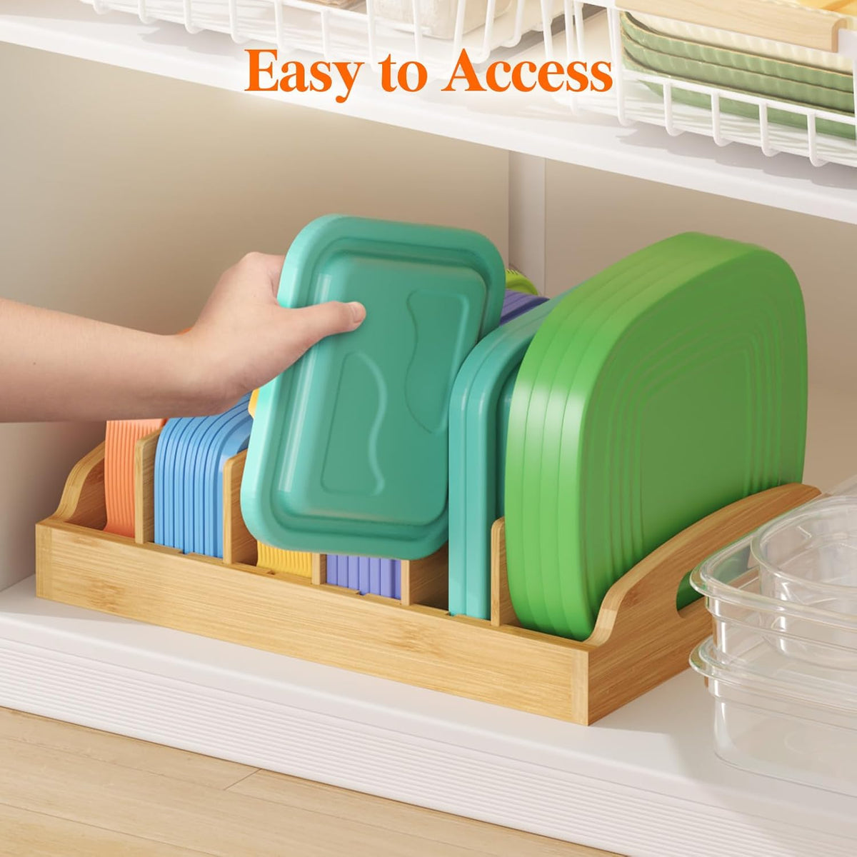 Bamboo Lid Organizers for Inside Cabinet, Food Storage Container Lid Holder with 5 adjustable Inserts & 6 Sections, Kitchen Pantry organizer and storage, Large, 13.2" x 10"/34 x 25cm