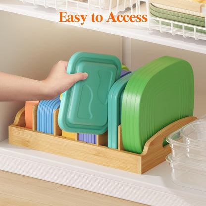 Bamboo Lid Organizers for Inside Cabinet, Food Storage Container Lid Holder with 5 adjustable Inserts & 6 Sections, Kitchen Pantry organizer and storage, Large, 13.2" x 10"/34 x 25cm