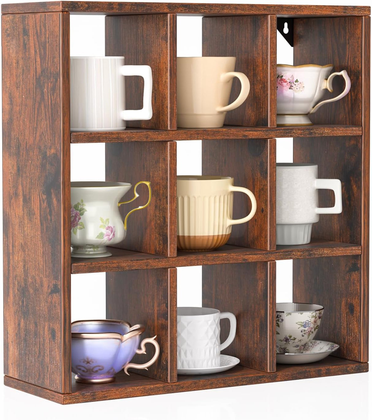 9 Grid Vintage Coffee Mug Display Rack, 16inch Wall Mounted Wooden Curio Shadow Box Shelf, Cup Floating Shelves Display and Organizer (Bronze)
