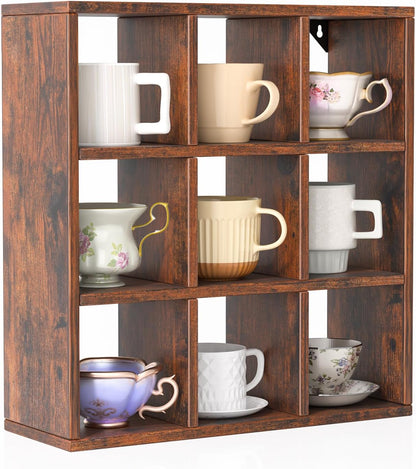 9 Grid Vintage Coffee Mug Display Rack, 16inch Wall Mounted Wooden Curio Shadow Box Shelf, Cup Floating Shelves Display and Organizer (Bronze)
