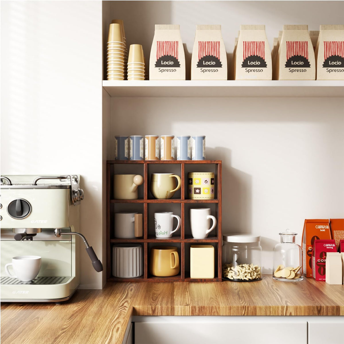 9 Grid Vintage Coffee Mug Display Rack, 16inch Wall Mounted Wooden Curio Shadow Box Shelf, Cup Floating Shelves Display and Organizer (Bronze)