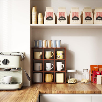 9 Grid Vintage Coffee Mug Display Rack, 16inch Wall Mounted Wooden Curio Shadow Box Shelf, Cup Floating Shelves Display and Organizer (Bronze)