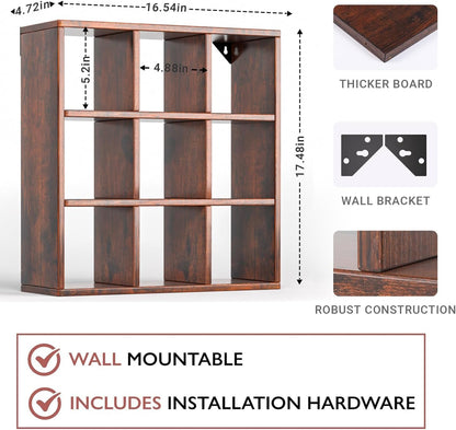 9 Grid Vintage Coffee Mug Display Rack, 16inch Wall Mounted Wooden Curio Shadow Box Shelf, Cup Floating Shelves Display and Organizer (Bronze)