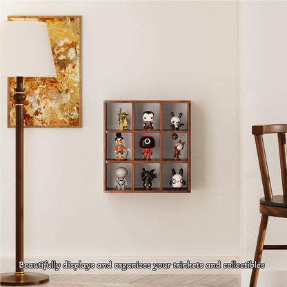 9 Grid Vintage Coffee Mug Display Rack, 16inch Wall Mounted Wooden Curio Shadow Box Shelf, Cup Floating Shelves Display and Organizer (Bronze)