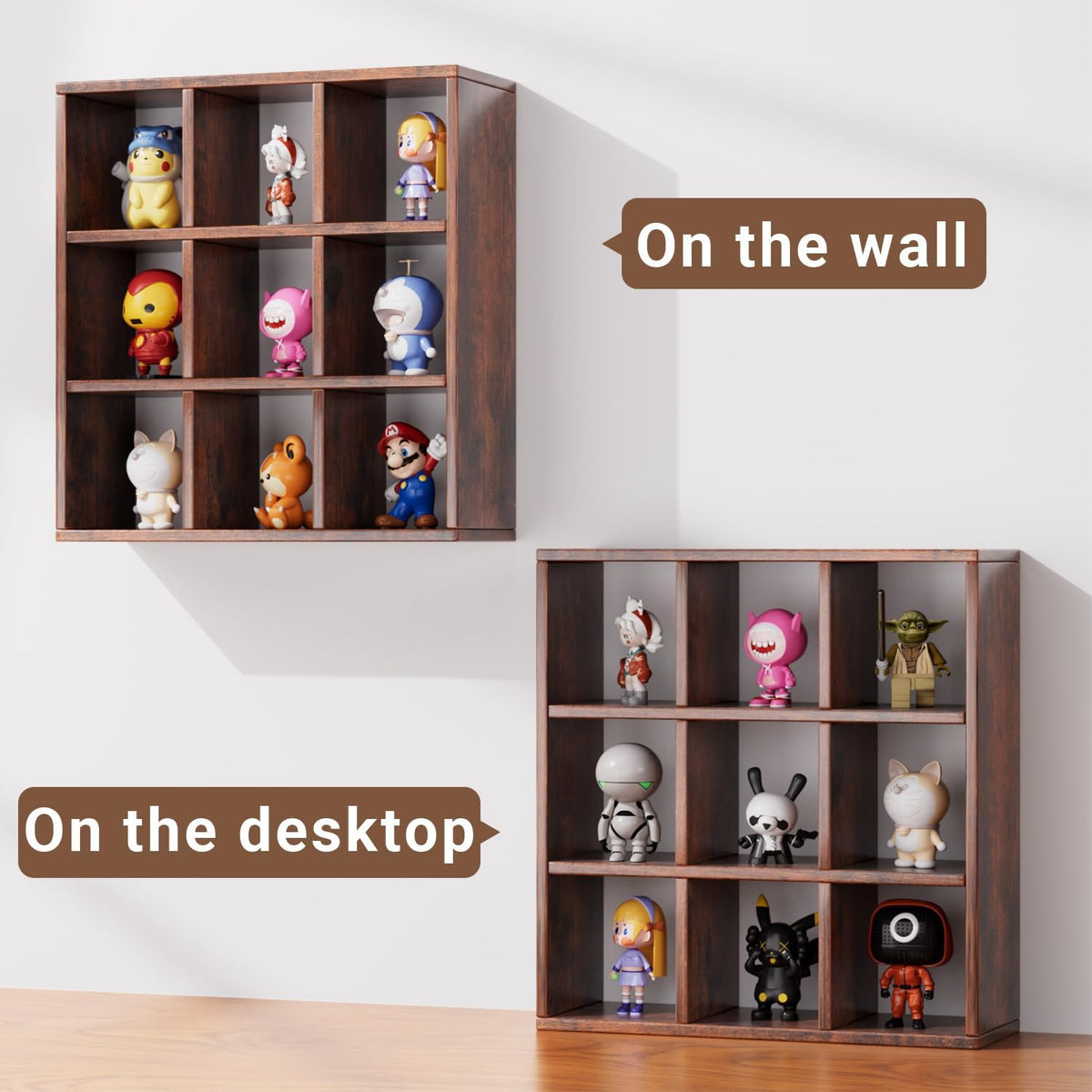 9 Grid Vintage Coffee Mug Display Rack, 16inch Wall Mounted Wooden Curio Shadow Box Shelf, Cup Floating Shelves Display and Organizer (Bronze)