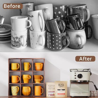 9 Grid Vintage Coffee Mug Display Rack, 16inch Wall Mounted Wooden Curio Shadow Box Shelf, Cup Floating Shelves Display and Organizer (Bronze)