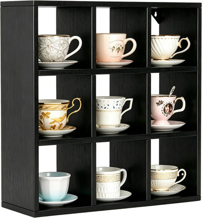9 Grid Vintage Coffee Mug Display Rack, 16inch Wall Mounted Wooden Curio Shadow Box Shelf, Cup Floating Shelves Display and Organizer (Bronze)