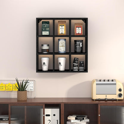 9 Grid Vintage Coffee Mug Display Rack, 16inch Wall Mounted Wooden Curio Shadow Box Shelf, Cup Floating Shelves Display and Organizer (Bronze)