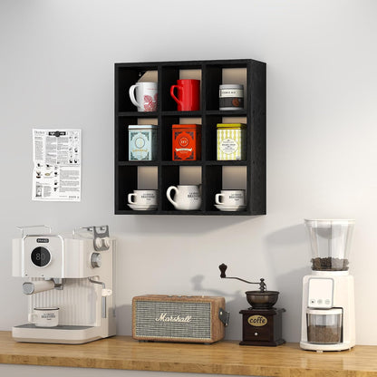 9 Grid Vintage Coffee Mug Display Rack, 16inch Wall Mounted Wooden Curio Shadow Box Shelf, Cup Floating Shelves Display and Organizer (Bronze)