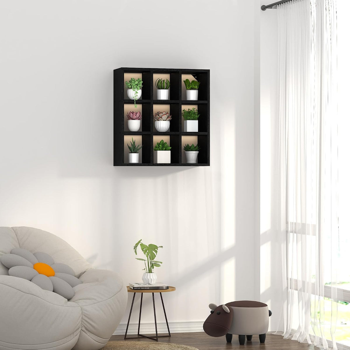 9 Grid Vintage Coffee Mug Display Rack, 16inch Wall Mounted Wooden Curio Shadow Box Shelf, Cup Floating Shelves Display and Organizer (Bronze)