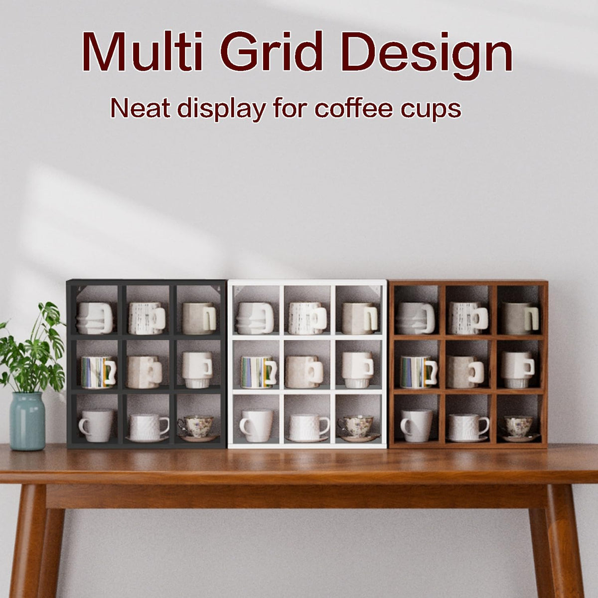 9 Grid Vintage Coffee Mug Display Rack, 16inch Wall Mounted Wooden Curio Shadow Box Shelf, Cup Floating Shelves Display and Organizer (Bronze)
