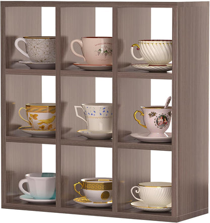 9 Grid Vintage Coffee Mug Display Rack, 16inch Wall Mounted Wooden Curio Shadow Box Shelf, Cup Floating Shelves Display and Organizer (Bronze)