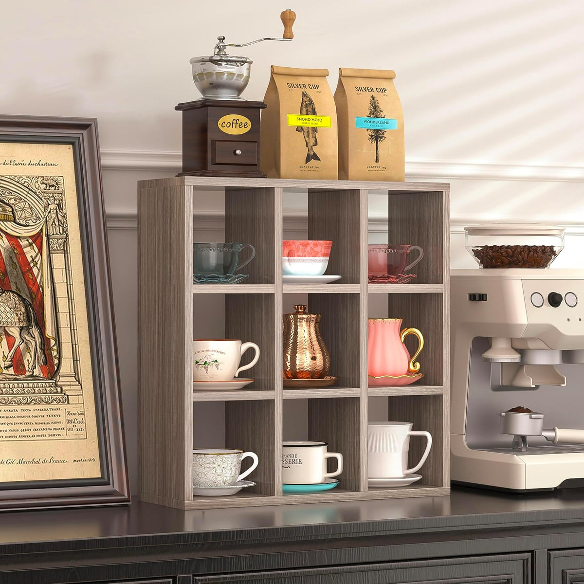 9 Grid Vintage Coffee Mug Display Rack, 16inch Wall Mounted Wooden Curio Shadow Box Shelf, Cup Floating Shelves Display and Organizer (Bronze)