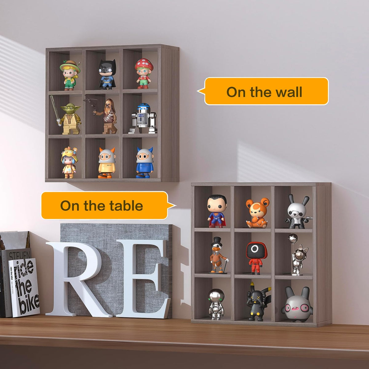 9 Grid Vintage Coffee Mug Display Rack, 16inch Wall Mounted Wooden Curio Shadow Box Shelf, Cup Floating Shelves Display and Organizer (Bronze)