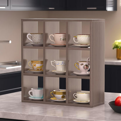 9 Grid Vintage Coffee Mug Display Rack, 16inch Wall Mounted Wooden Curio Shadow Box Shelf, Cup Floating Shelves Display and Organizer (Bronze)