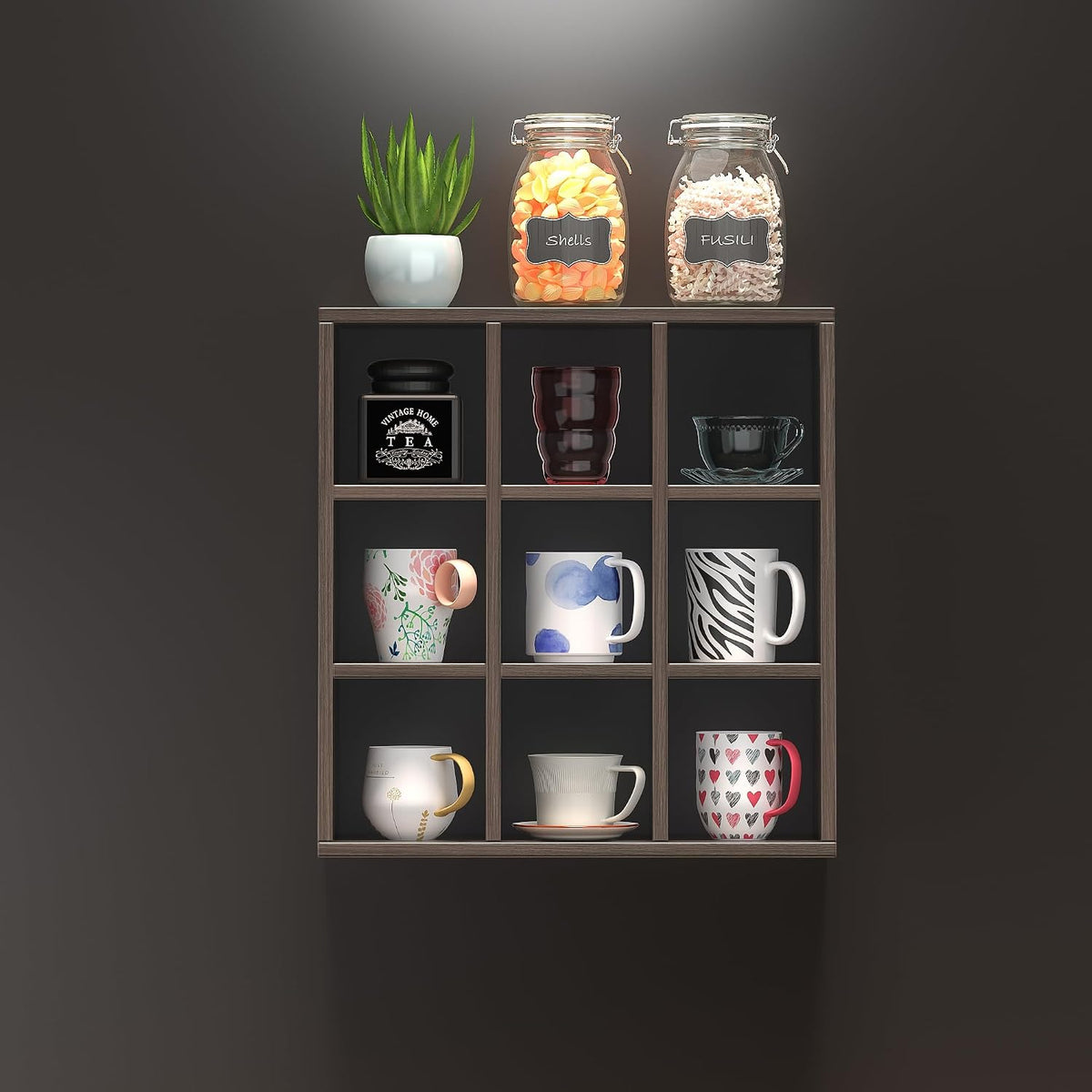 9 Grid Vintage Coffee Mug Display Rack, 16inch Wall Mounted Wooden Curio Shadow Box Shelf, Cup Floating Shelves Display and Organizer (Bronze)