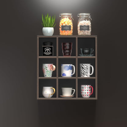 9 Grid Vintage Coffee Mug Display Rack, 16inch Wall Mounted Wooden Curio Shadow Box Shelf, Cup Floating Shelves Display and Organizer (Bronze)