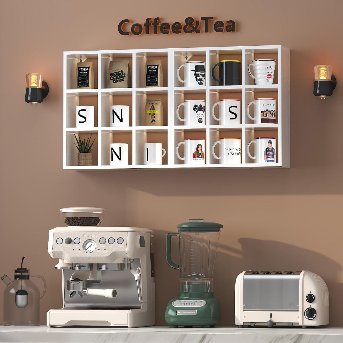 9 Grid Vintage Coffee Mug Display Rack, 16inch Wall Mounted Wooden Curio Shadow Box Shelf, Cup Floating Shelves Display and Organizer (Bronze)