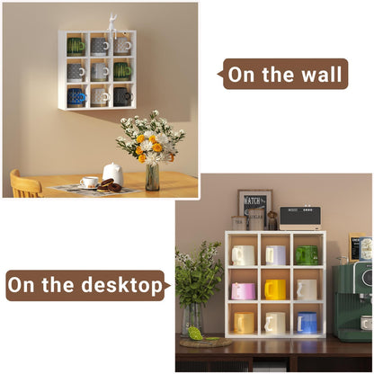 9 Grid Vintage Coffee Mug Display Rack, 16inch Wall Mounted Wooden Curio Shadow Box Shelf, Cup Floating Shelves Display and Organizer (Bronze)