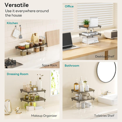 2 Pcs Cabinet Organizer Shelf, Stackable Kitchen Counter Shelves, Spice Rack,Countertop Organizers, Clear Plastic Storage Shelves Rack for Makeup,Bathroom,Cupboard,Desk,Pantry Organization