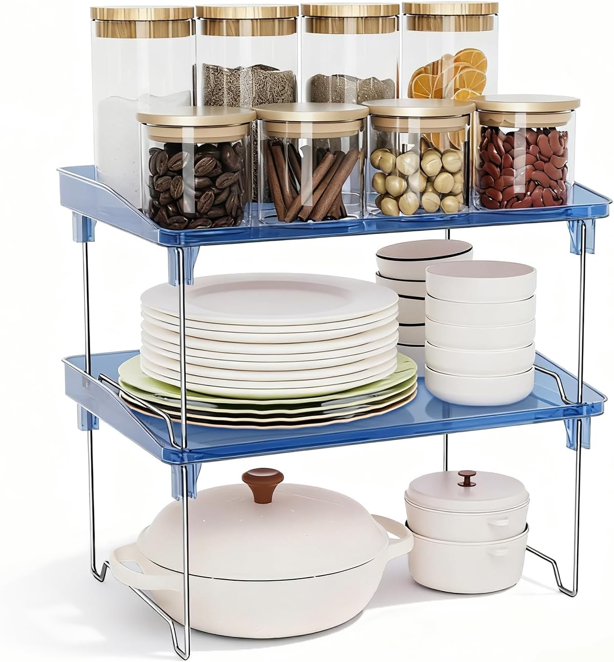 2 Pcs Cabinet Organizer Shelf, Stackable Kitchen Counter Shelves, Spice Rack,Countertop Organizers, Clear Plastic Storage Shelves Rack for Makeup,Bathroom,Cupboard,Desk,Pantry Organization