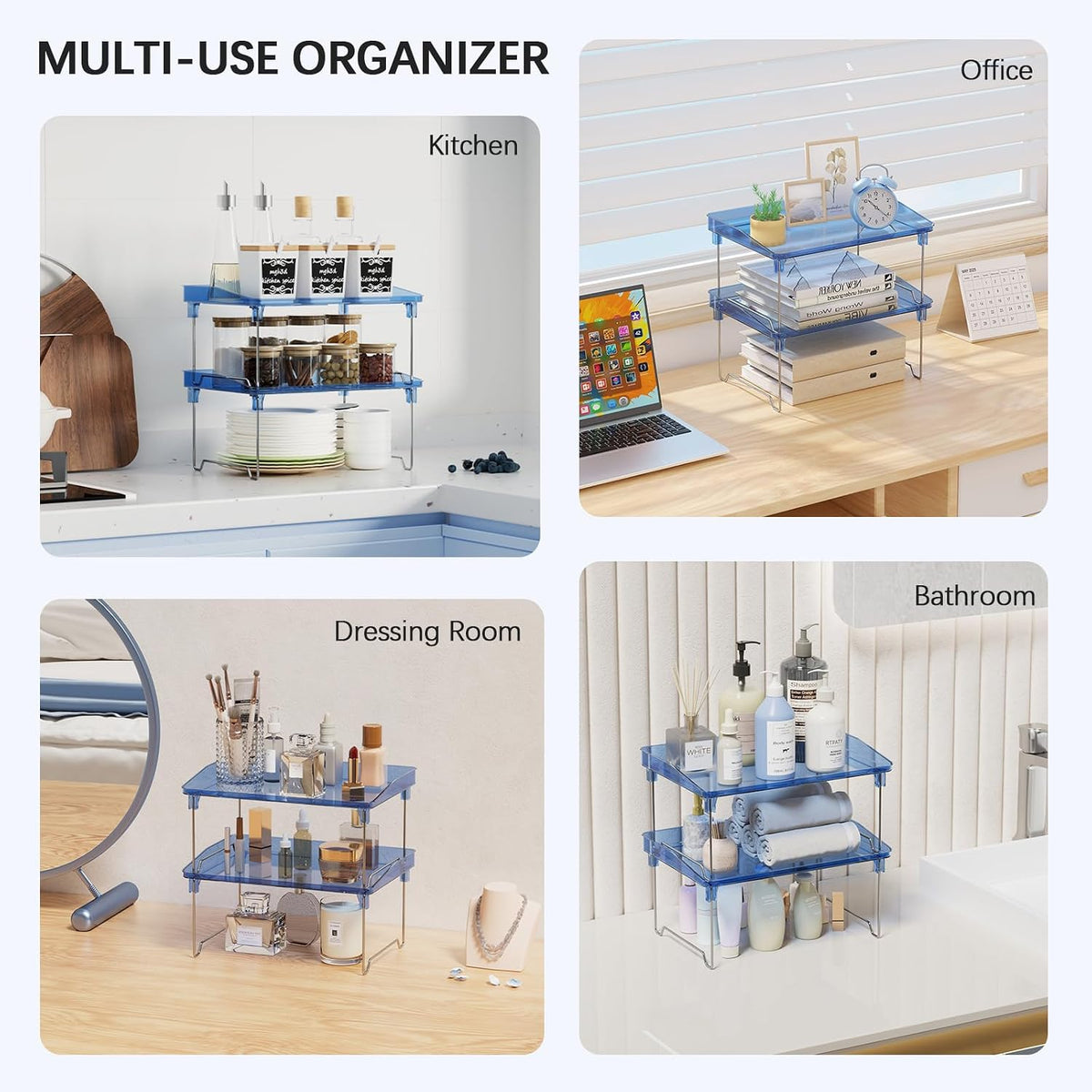 2 Pcs Cabinet Organizer Shelf, Stackable Kitchen Counter Shelves, Spice Rack,Countertop Organizers, Clear Plastic Storage Shelves Rack for Makeup,Bathroom,Cupboard,Desk,Pantry Organization