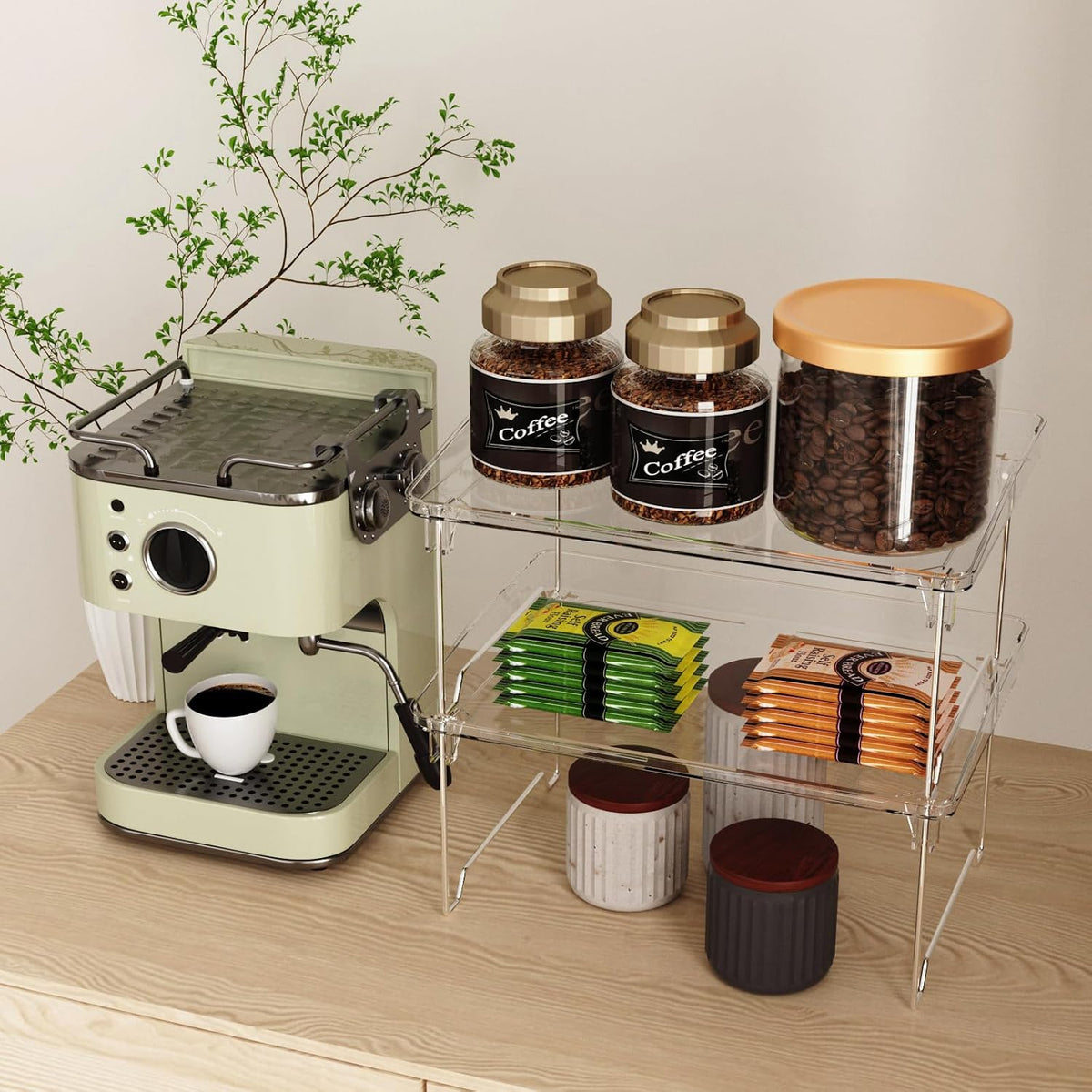 2 Pcs Cabinet Organizer Shelf, Stackable Kitchen Counter Shelves, Spice Rack,Countertop Organizers, Clear Plastic Storage Shelves Rack for Makeup,Bathroom,Cupboard,Desk,Pantry Organization