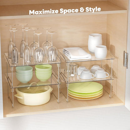 2 Pcs Cabinet Organizer Shelf, Stackable Kitchen Counter Shelves, Spice Rack,Countertop Organizers, Clear Plastic Storage Shelves Rack for Makeup,Bathroom,Cupboard,Desk,Pantry Organization