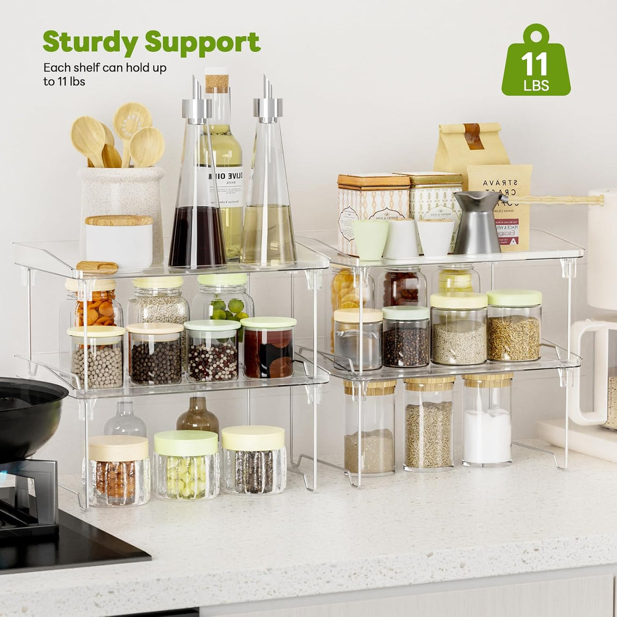 2 Pcs Cabinet Organizer Shelf, Stackable Kitchen Counter Shelves, Spice Rack,Countertop Organizers, Clear Plastic Storage Shelves Rack for Makeup,Bathroom,Cupboard,Desk,Pantry Organization