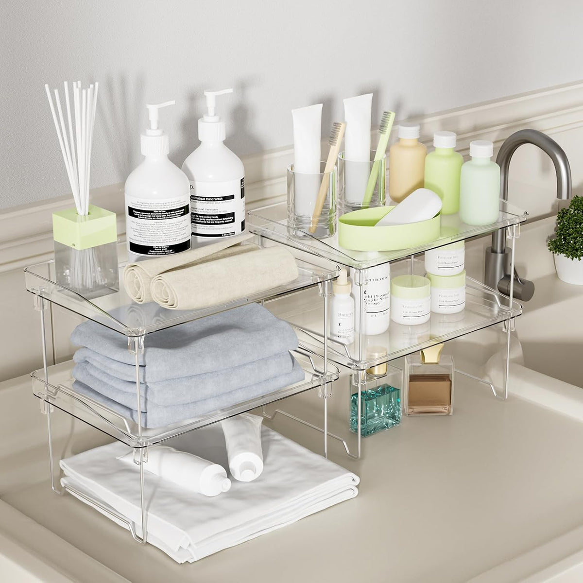 2 Pcs Cabinet Organizer Shelf, Stackable Kitchen Counter Shelves, Spice Rack,Countertop Organizers, Clear Plastic Storage Shelves Rack for Makeup,Bathroom,Cupboard,Desk,Pantry Organization