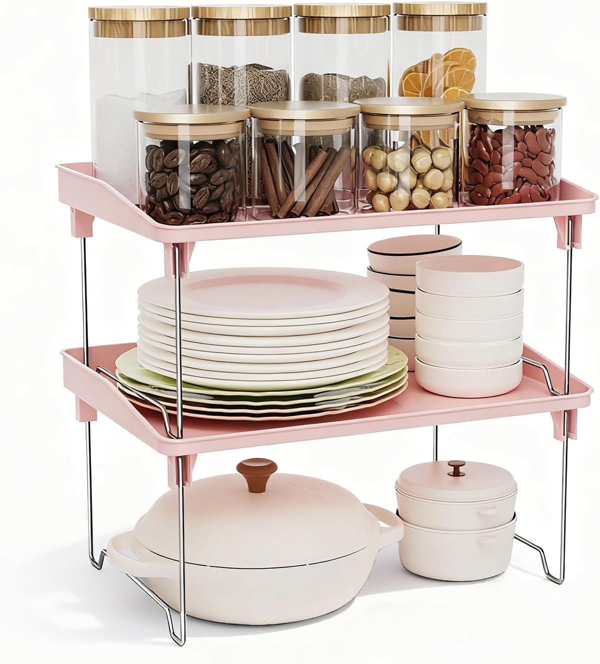 2 Pcs Cabinet Organizer Shelf, Stackable Kitchen Counter Shelves, Spice Rack,Countertop Organizers, Clear Plastic Storage Shelves Rack for Makeup,Bathroom,Cupboard,Desk,Pantry Organization