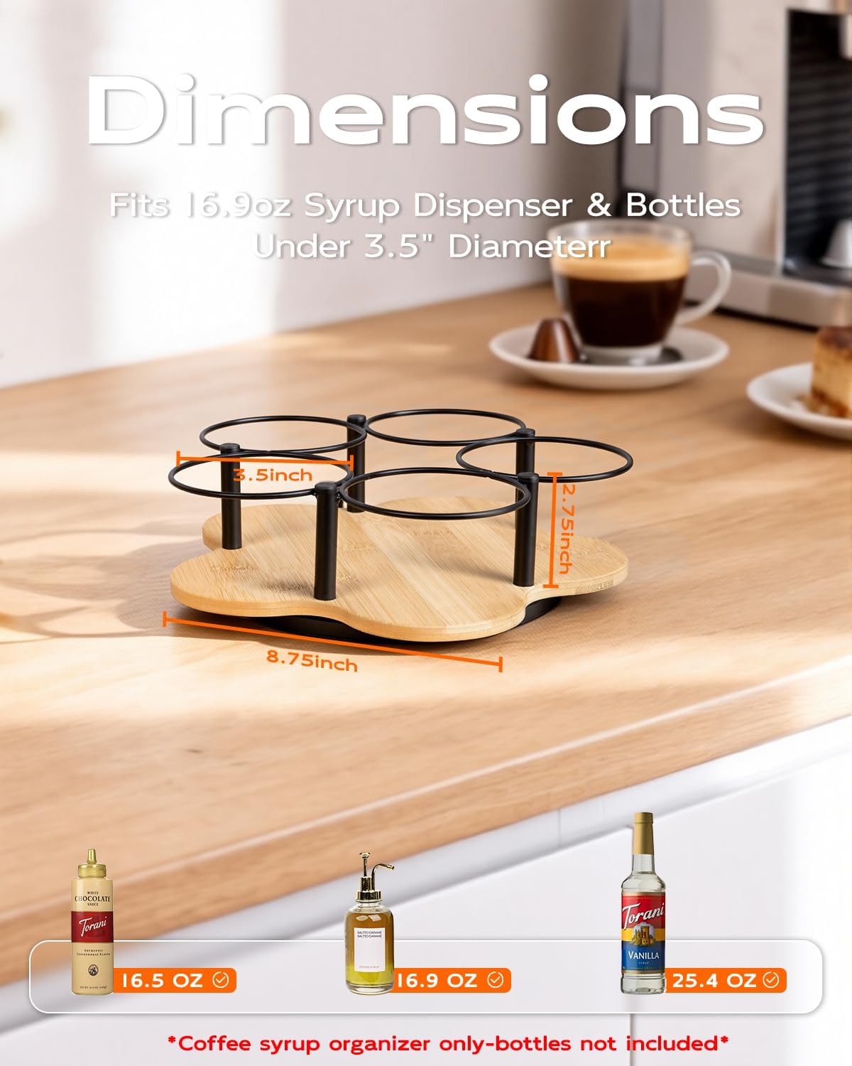 Rotating Coffee Syrup Organizer, Syrup Bottle Holder for Coffee Syrup Dispenser 16.9oz, Bamboo Coffee Syrup Rack for Coffee Bar Station Countertop, Coffee Bar Accessories(Syrup Rack Only)