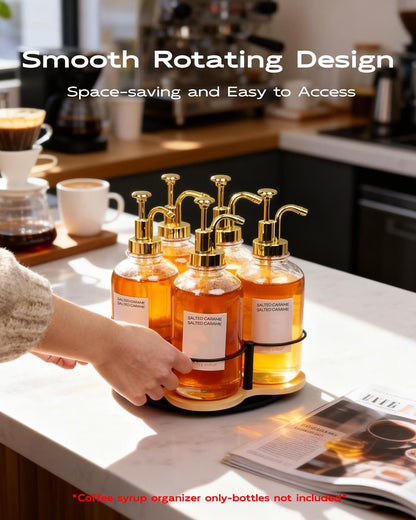 Rotating Coffee Syrup Organizer, Syrup Bottle Holder for Coffee Syrup Dispenser 16.9oz, Bamboo Coffee Syrup Rack for Coffee Bar Station Countertop, Coffee Bar Accessories(Syrup Rack Only)
