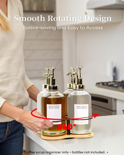 Rotating Coffee Syrup Organizer, Syrup Bottle Holder for Coffee Syrup Dispenser 16.9oz, Bamboo Coffee Syrup Rack for Coffee Bar Station Countertop, Coffee Bar Accessories(Syrup Rack Only)