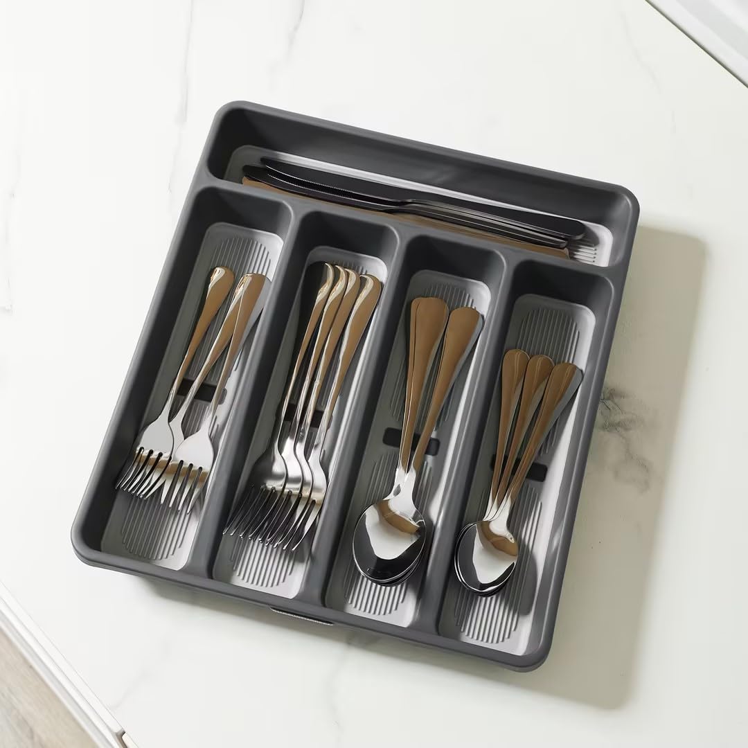 5-Compartment Silverware Organizer Tray with Icons for Kitchen Drawer