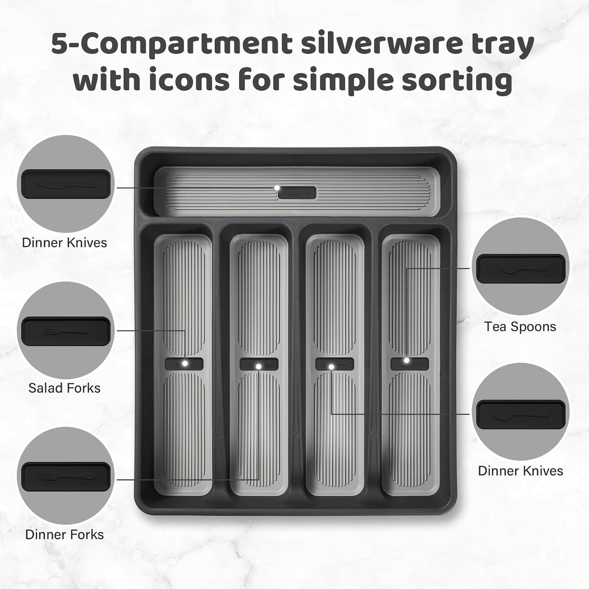 5-Compartment Silverware Organizer Tray with Icons for Kitchen Drawer
