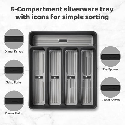 5-Compartment Silverware Organizer Tray with Icons for Kitchen Drawer