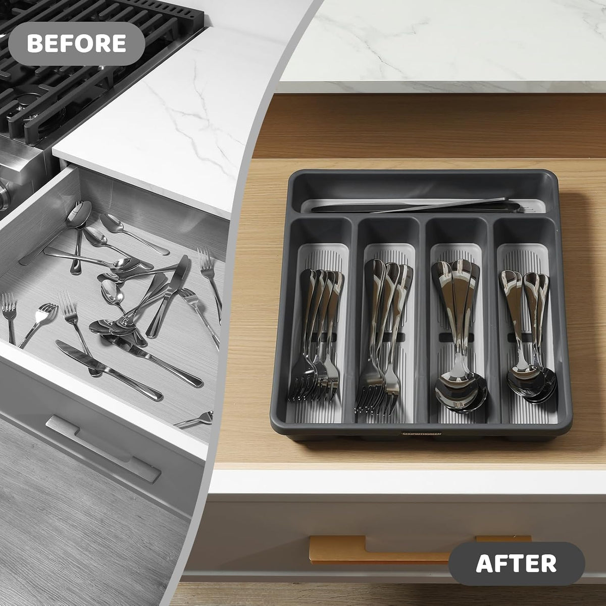 5-Compartment Silverware Organizer Tray with Icons for Kitchen Drawer