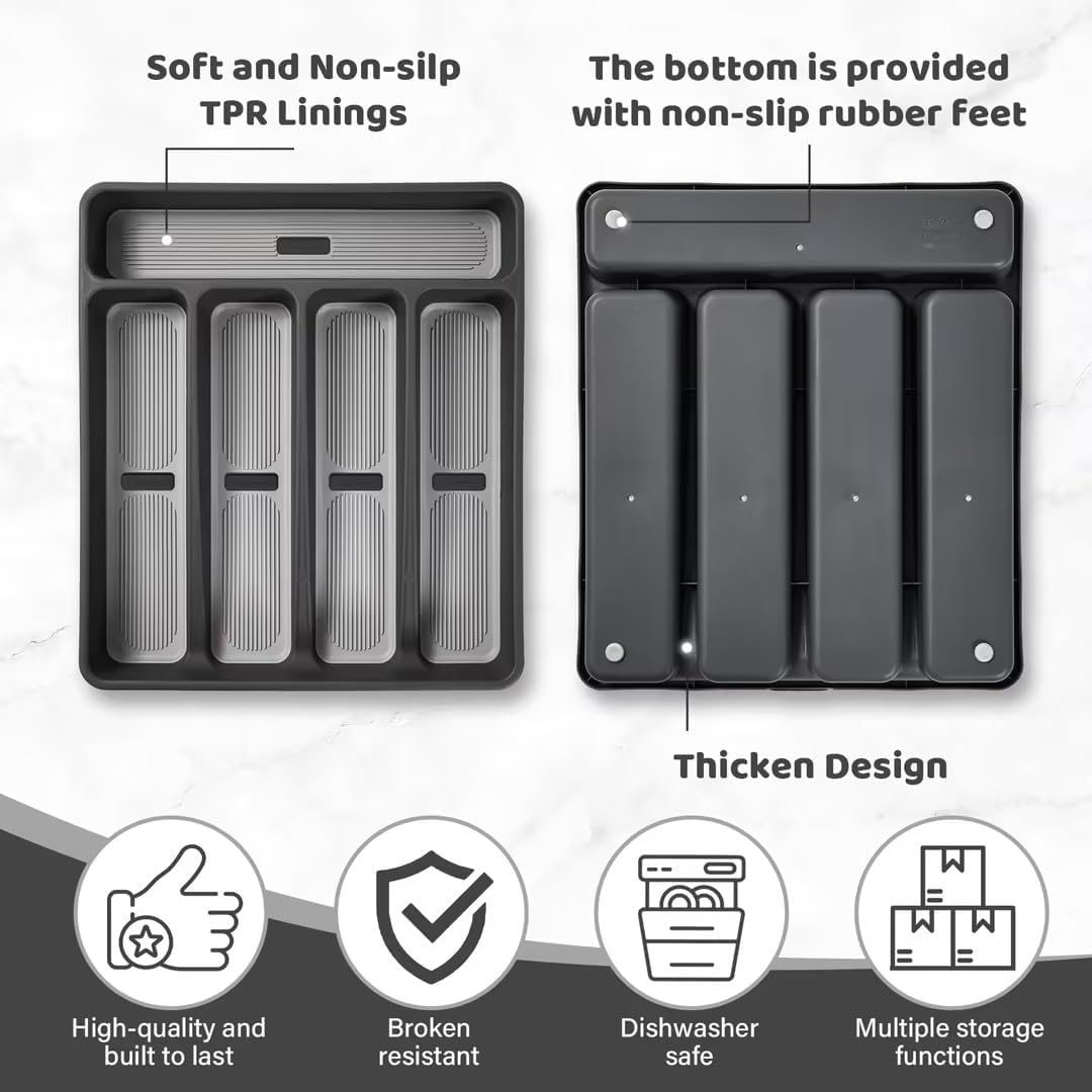 5-Compartment Silverware Organizer Tray with Icons for Kitchen Drawer